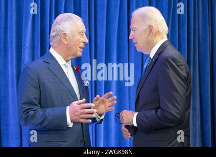 File photo dated 02/11/21 of King Charles III, then Prince of Wales, with the President of the United States Joe Biden ahead of their bilateral meeting during the Cop26 summit at the Scottish Event Campus (SEC) in Glasgow. US President Joe Biden has said he is 'concerned' about the King and plans to call him later. He told reporters: 'I'm concerned about him. Just heard about his diagnosis. 'I'll be talking to him, God willing.' Issue date: Monday February 5, 2024. Stock Photo