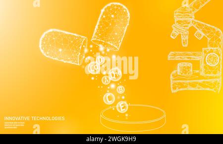 Multi vitamin complex low poly capsule. Health supplement skin care bodybuilding anti-aging pharmacy banner template. 3D coenzyme Q10, A, B, C, D. Med Stock Vector