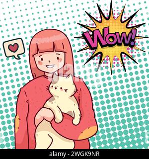 cute cat and people pop art style vector image Stock Vector