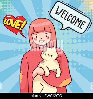 cute cat and people pop art style vector image Stock Vector