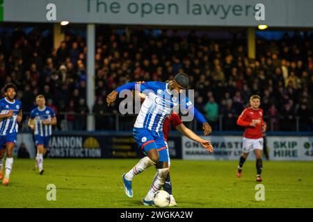 Hartlepool United's Mani Dieseruvwe takes on the the York defence during their Vanarama National League match Stock Photo