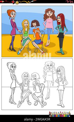 Cartoon illustrations of funny young women or girls characters group coloring page Stock Vector