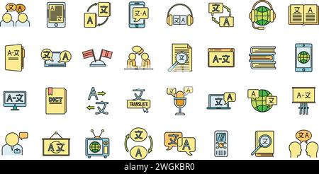 Foreign translator icons set. Outline set of foreign translator vector icons thin line color flat on white Stock Vector