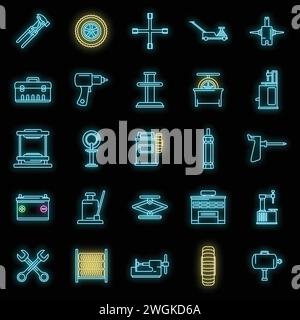 Tire fitting tool icons set. Outline set of tire fitting tool vector icons neon color on black Stock Vector