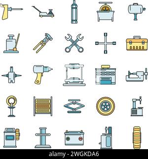 Tire fitting tool icons set. Outline set of tire fitting tool vector icons thin line color flat on white Stock Vector