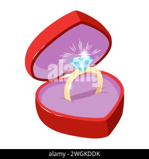 Hand drawn vector illustration of an engagement ring in a heart shaped gift box. Color doodle sketch of a diamond ring Stock Vector