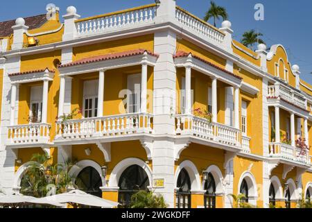 Cartagena, Colombia - 24 January 2024: Traditional design of building with balconies in the historic old town of Cartagena. Stock Photo