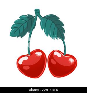 Hand drawn vector illustration of pair of heart shaped cherries. A drawing of cute red berries Stock Vector