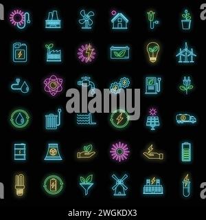 Bio clean energy icons set. Outline set of Bio clean energy vector icons neon color on black Stock Vector
