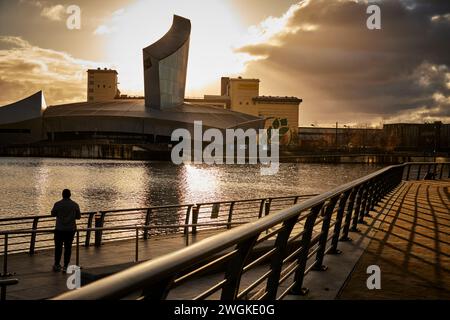 Mediacity area of Salford Quays Imperial War Museum North in Trafford in the regenerated docks Manchester Ship Canal. Stock Photo
