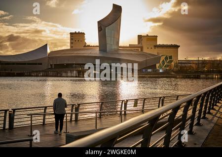 Mediacity area of Salford Quays Imperial War Museum North in Trafford in the regenerated docks Manchester Ship Canal. Stock Photo