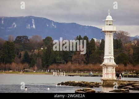 Geneva city in Switzerland lighthouse on Lake Geneva (or Lac Léman) Stock Photo