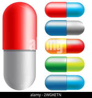 Multi Coloured Tablet designs, realistic looking, suitable for Medical or Pharmaceutical concepts Stock Vector