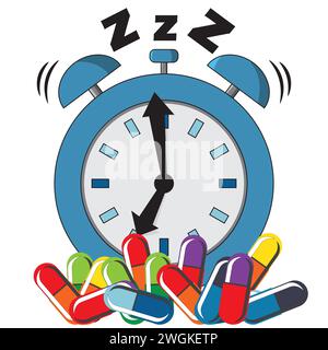 Sleeping Pills with Alarm Clock, Help Sleeping or insomnia concept Stock Vector