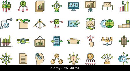 Restructuring refer icons set. Outline set of restructuring refer vector icons thin line color flat on white Stock Vector