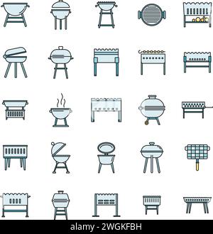 Bbq brazier icons set. Outline set of bbq brazier vector icons thin line color flat on white Stock Vector