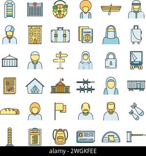 Africa illegal immigrants icons set. Outline set of africa illegal immigrants vector icons thin line color flat on white Stock Vector