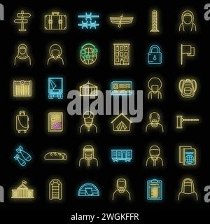Africa illegal immigrants icons set. Outline set of africa illegal immigrants vector icons neon color on black Stock Vector