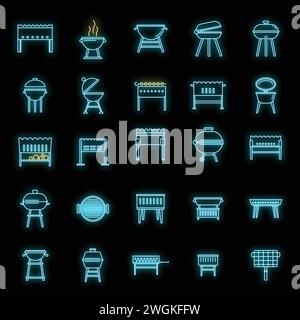 Bbq brazier icons set. Outline set of bbq brazier vector icons neon color on black Stock Vector