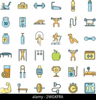 Morning gym time icons set. Outline set of morning gym time vector icons thin line color flat on white Stock Vector