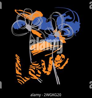 Love. Text t-shirt design with animal print and two flowers on a black background. Stock Vector