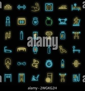 Morning gym time icons set. Outline set of morning gym time vector icons neon color on black Stock Vector