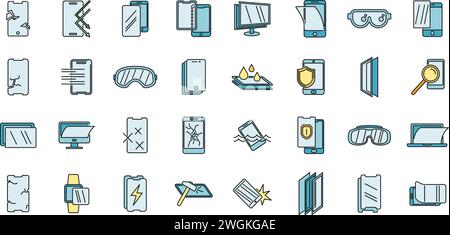 Modern protective glass icons set. Outline set of modern protective glass vector icons thin line color flat on white Stock Vector