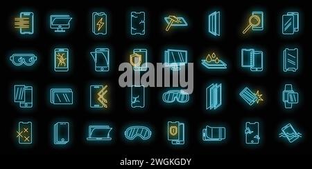 Modern protective glass icons set. Outline set of modern protective glass vector icons neon color on black Stock Vector