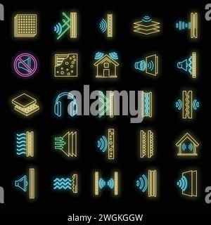 Studio soundproofing icons set. Outline set of studio soundproofing vector icons neon color on black Stock Vector