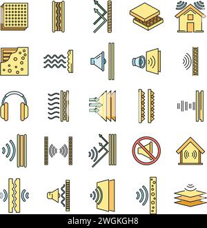 Studio soundproofing icons set. Outline set of studio soundproofing vector icons thin line color flat on white Stock Vector