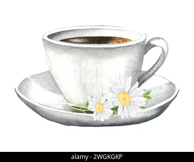 Hand drawn watercolor illustration of cup and flowers chamomile on a white background. Herbal chamomile tea Stock Photo