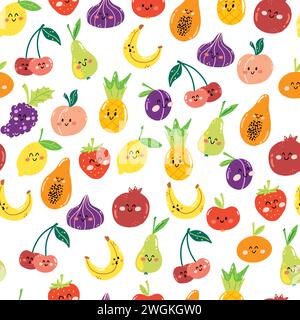 Hand drawn seamless pattern with cute kawaii fruits on white background. Colorful wallpaper for print, wrapping paper, textile. Stock Vector