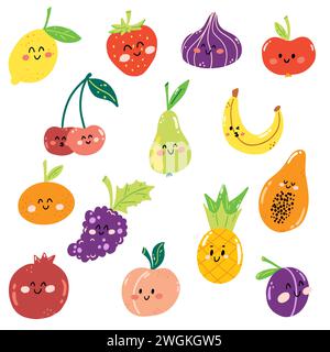 Set of hand drawn fruits in cartoon kawaii style. Cute juicy fruit in childish style for print, menu, kids game. Stock Vector