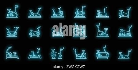 Modern exercise bike icons set. Outline set of modern exercise bike vector icons neon color on black Stock Vector