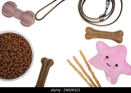 Set of different dog care accessories and toys isolated on white background Stock Photo