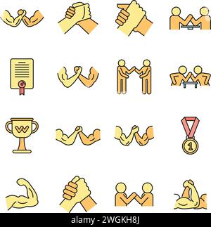 Sport arm wrestling icons set. Outline set of sport arm wrestling vector icons thin line color flat on white Stock Vector