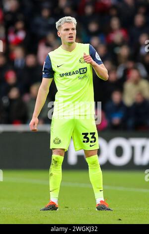 Middlesbrough, UK. 04th Feb, 2024. Sunderland defender Leo Hjelde (33) during the Middlesbrough FC v Sunderland AFC sky bet EFL Championship match at the Riverside Stadium, Middlesbrough, England, United Kingdom on 4 February 2024 Credit: Every Second Media/Alamy Live News Stock Photo