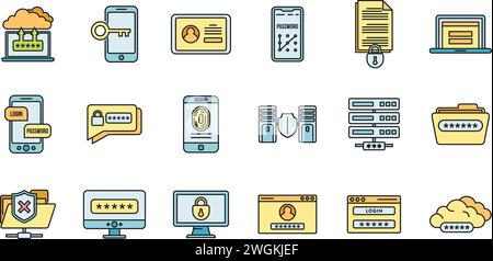 Online multi-factor authentication icons set. Outline set of online multi-factor authentication vector icons thin line color flat on white Stock Vector