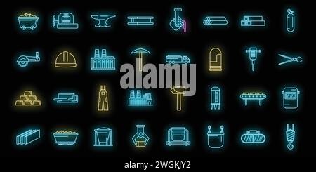 Metallurgy industry icons set. Outline set of Metallurgy industry vector icons neon color on black Stock Vector