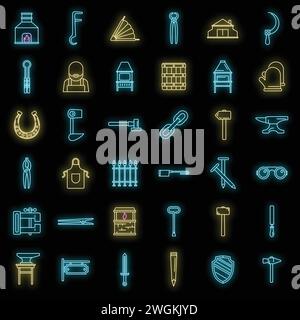 Blacksmith tools icons set. Outline set of blacksmith tools vector icons neon color on black Stock Vector
