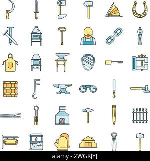 Blacksmith tools icons set. Outline set of blacksmith tools vector icons thin line color flat on white Stock Vector