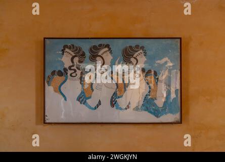 A picture of the Ladies in Blue Fresco at the Knossos Palace, on the second story of the Throne Room. Stock Photo