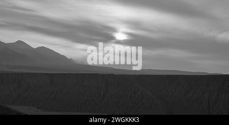 sunrise at the Dushanzi Grand Canyon in Xinjiang, China, black and white Stock Photo