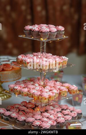 Birthday cupcakes on three tiered glass display stand festive pink white flower close up Stock Photo
