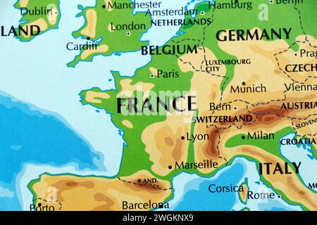 world map or atlas with european countries, france germany belgium and italy in focus Stock Photo