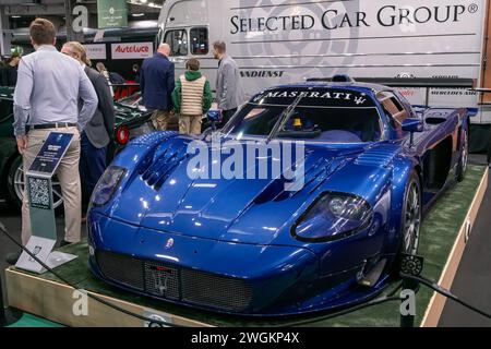 Paris, France - Rétromobile 2024. Focus on a Victory Blue 2006 Maserati MC12 Corse. Stock Photo