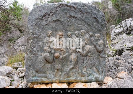 The Nativity of Jesus – Third Joyful Mystery of the Rosary. A relief sculpture on Mount Podbrdo (the Hill of Apparitions) in Medjugorje. Stock Photo