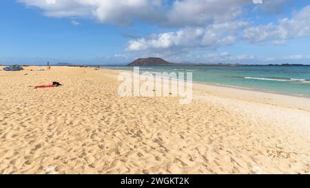 View of beatiful beach Grandes Playas in Corralejo on Fuerteventura with Lobos island in the background. Canary Islands, Spain Stock Photo