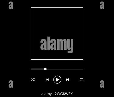 Audio player interface template with album cover frame, slider progress bar, play, pause, repeat, rewind, shuffle and fast forward buttons isolated on black background. Vector graphic illustration Stock Vector