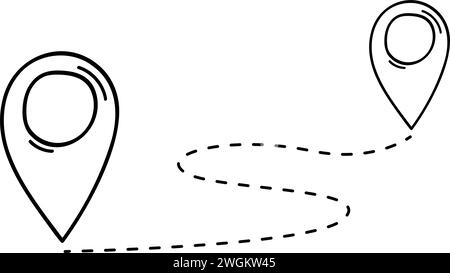 Location pin icons in doodle style. Trip, navigation, destination, delivery, target pictograms. Hand drawn roadmap sign isolated on white background. Relocation concept. Vector outline illustration Stock Vector